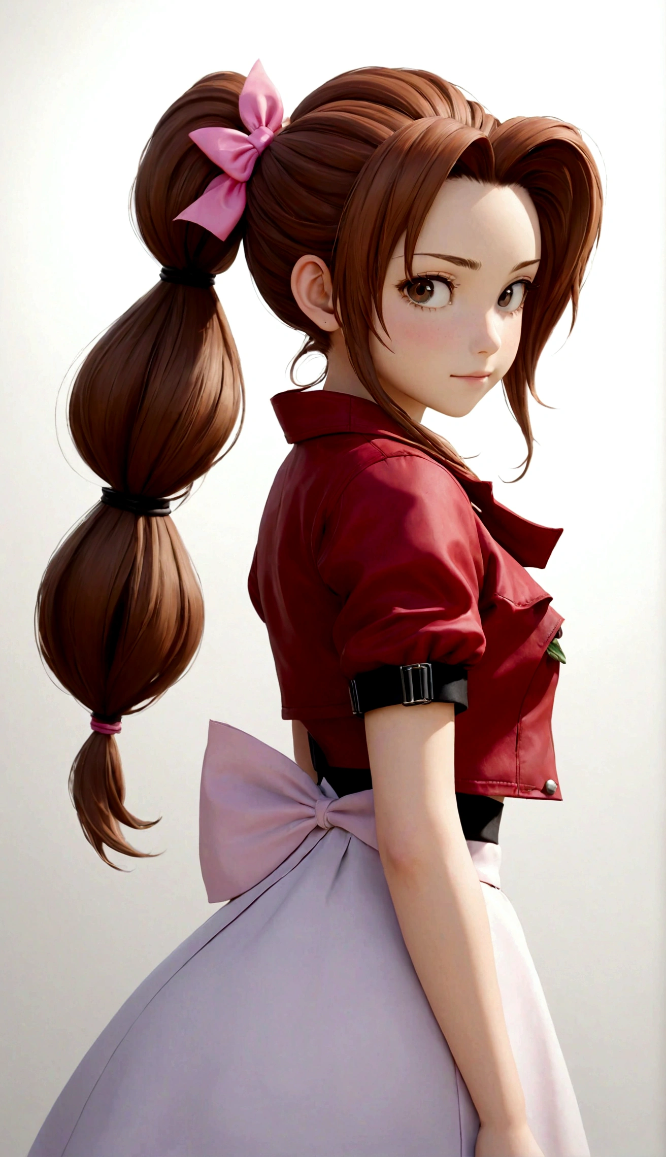1 girl,Ponytail,bracelet,braid,braidPonytail,Brown hair,裁剪jacket,dress,jacket,Long skirt,Long hair,Pink bow,白色dress,红色jacket,solo,Aerith Gainsborough