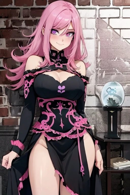 A pink haired female reaper with violet eyes with an hourglass figure in a cool dress is leaning against a brick wall with a blush and a smile