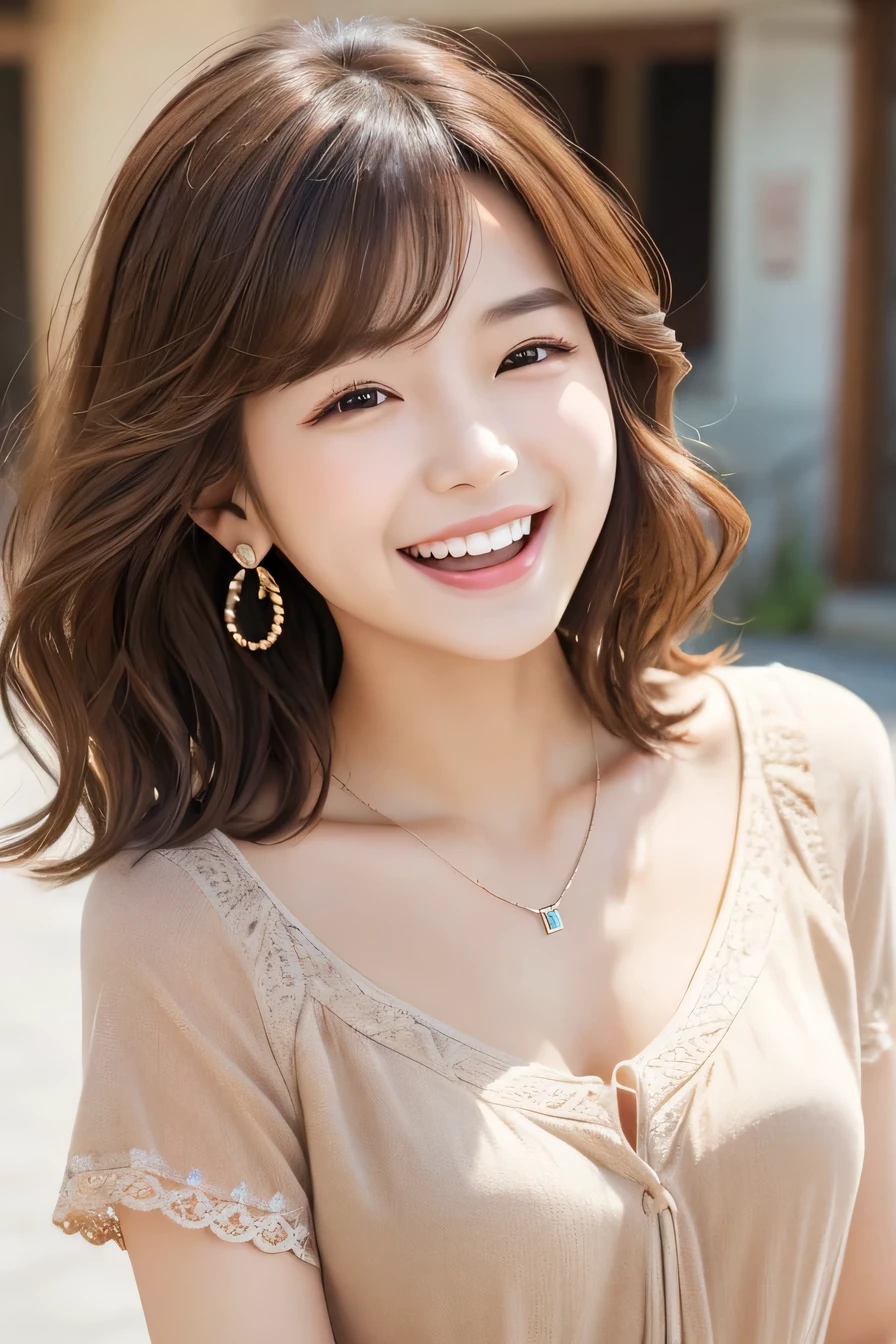 Beautiful young woman、 Korean women、Light brown hair、Wavy Hair、short hair、ear piercing、Necklace around the neck、blouse、smile、（Laughing with your mouth open）、Beautiful teeth alignment、Intricate details, Very detailed:1.2), 、 Looking into the camera,The background is the town
