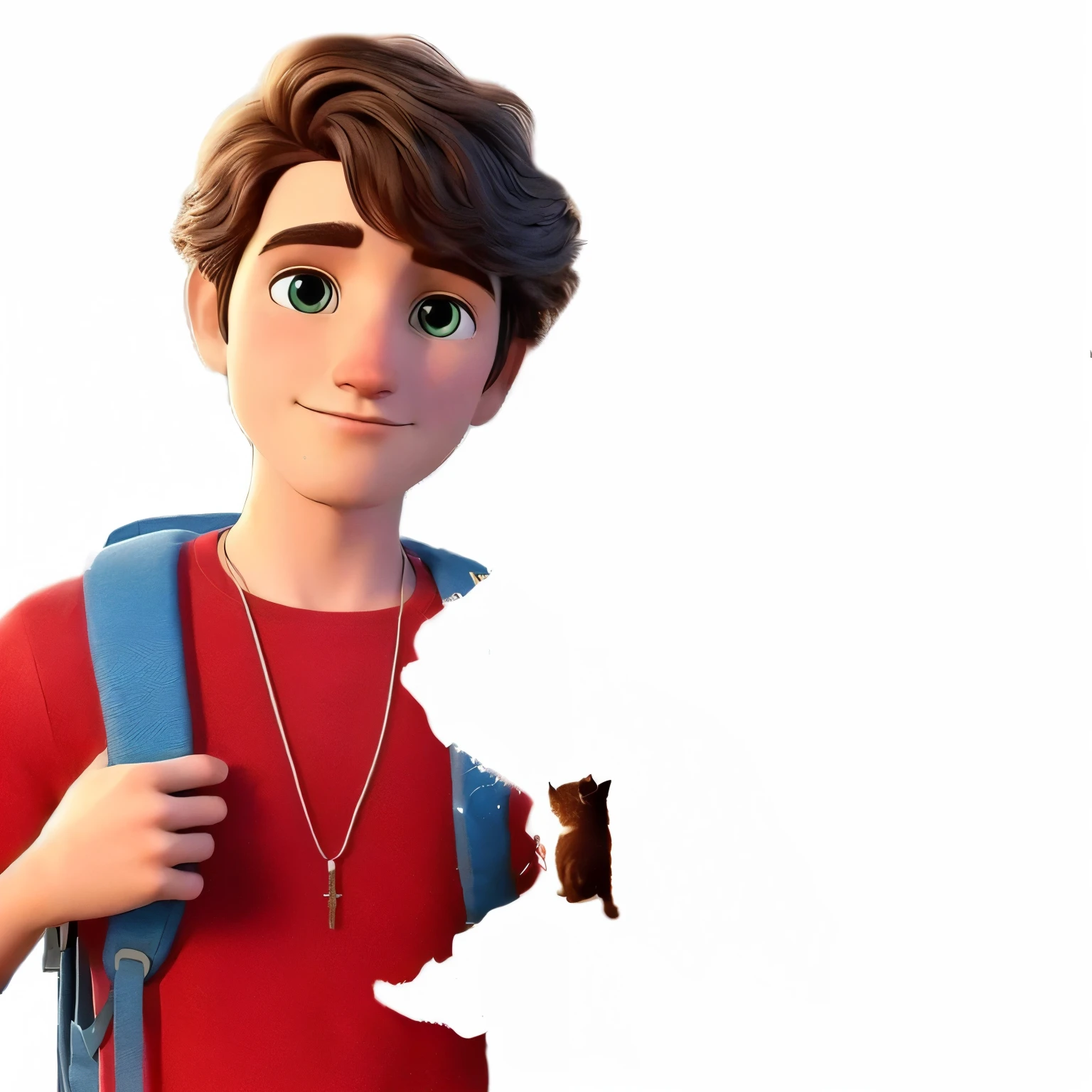 um close de uma pessoa com uma mochila e um gato, the character&#39;s name is chad, personagem mesclado, inspired by John Lucas, promotional rendering, official rendering, disney rendering, ele tem uma sombra de 5 horas, estilo bryce 3 d, Arnold Maya rendering, animation character, solid track record, arte renderizada, arte oficial, Tom Holland como Peter Pan, maxwell rendering