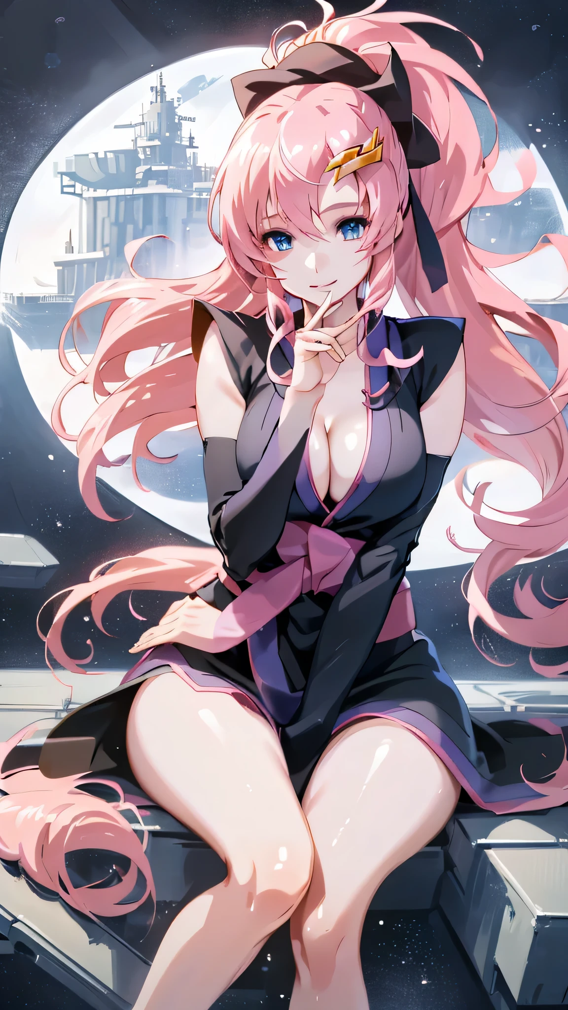 1girl,cleavage,alone, Pink Hair, Short kimono, blue eyes, hair ornaments, Very long hair, Black sleeves, Sleeveless, kimono, bow, Black kimono, hair bow, ponytail, Floating Hair, Hair between the eyes, Big Breasts, Sitting, Sheet, Spaceship, smile, Underarm,
break masterpiece ,8k unity wallpaper,anime key visual,highest quality, High resolution, (shape:0.8),anime coloring,
highly detailed face, detailed eyes,growing eyes,shiny skin,fine skin,white skin,dense skin,detailed hair,highly detailed legs,
perfect lighting, Detailed CG,
(perfect hands, perfect anatomy),High resolution,
Break slender limbs, delicate curves, dainty hands,figure:0.8,