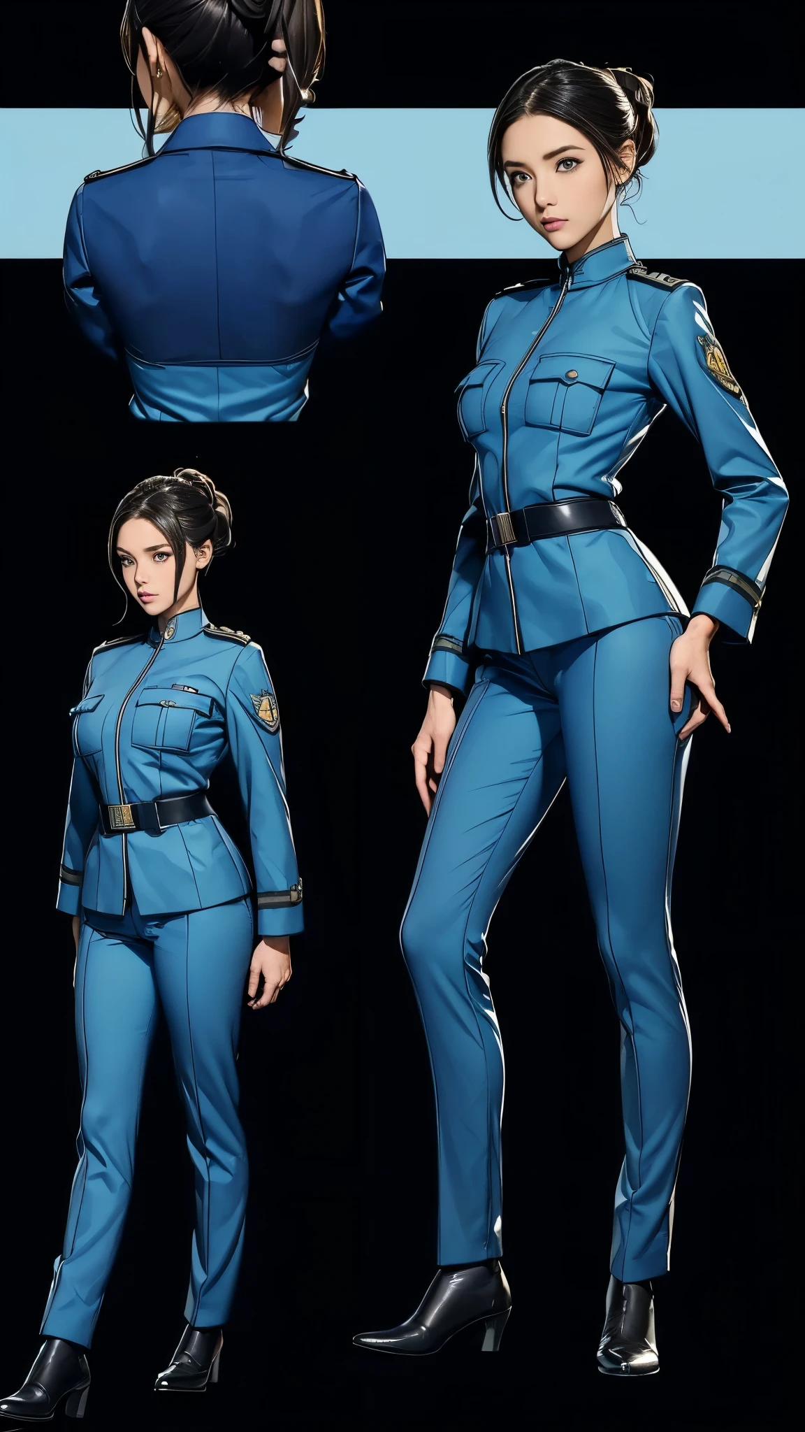 ((masterpiece)),(((highest quality))),((Reference Sheet, Character Design, front, return, ~ ~ side, Mr..々Hairstyle, Mr..々Performance, Facial Expressions)), 14-year-old girl, Cute type, (Very slim:1.4), (Very small ass:1.4), Realistic buttocks, (Big Breasts:1.3), Short Bob, Thin thighs, Long legs, It's not a big deal,(A female Earth Federation officer is walking), (Wearing Earth Federation military uniform, Dark blue and light blue military uniforms),(Worn by federal government employees'White Hat:1.5)