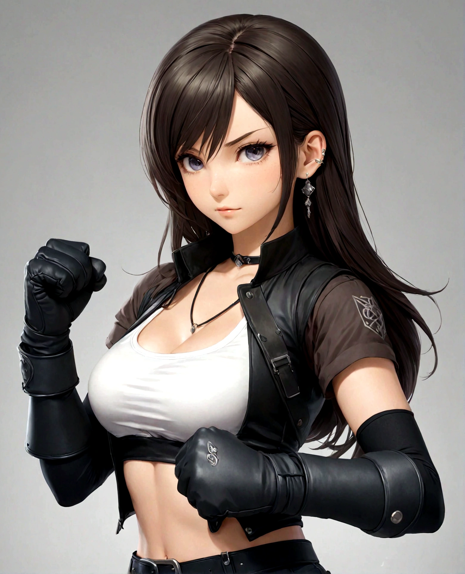1 girl,White top,黑色Gloves,Fists clenched,穿着白色的Vest,Medium chest,Clenched hands,Upper Body,earrings,肘部Gloves,Elbow pads,无指Gloves,Gloves,Jewelry,Medium breasts,Long hair,solo,Suspenders,Vest,Tight clothing,tifa lockhart