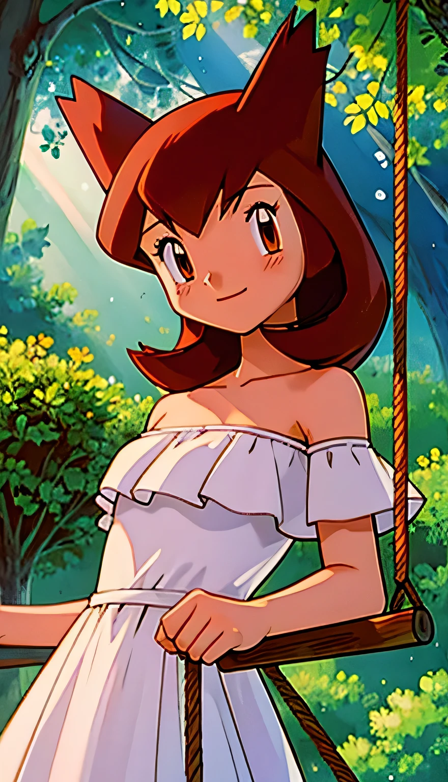 masterpiece, best quality, ultra-detailed, illustration, beautiful detailed eyes, very detailed illustration, cinematic lighting, 1 girl, solo, Pokemon Heroes (Bianca), Brown Hair, brown eyes, 1 girl, solo, bare shoulders, strapless, off shoulders, ruffle off the shoulder top, white maxi dress, intricate details, sharp focus, high resolution, evening light, purple sundown, garden and forest, swinging on her swing cowboy shot, light smile