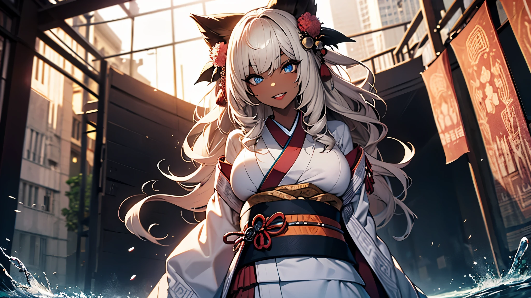 (1girl:1.3), Masterpiece, Best quality, amazing beauty, [[3D]], 4K, absurdres, finely detail, super detailed eye, perfect anatomy, official art, cinematic lighting, BREAK, garden, silky long hair, silky wavy hair, gold hair, super shiny detailed blue eyes, big eyes, watery eyes, cute eyes, thin eyebrow, Looking Over, open-mouth, plump lips, wide smile, mascara, rouge, Eyeshadow, red lips, piercing, Excited, BREAK , huge breasts, tall, slender, black skin, gloss skin, singing, cowboy shot, dutch angle, BREAK , , BREAK,(twelve-layered ceremonial kimono:1.3)