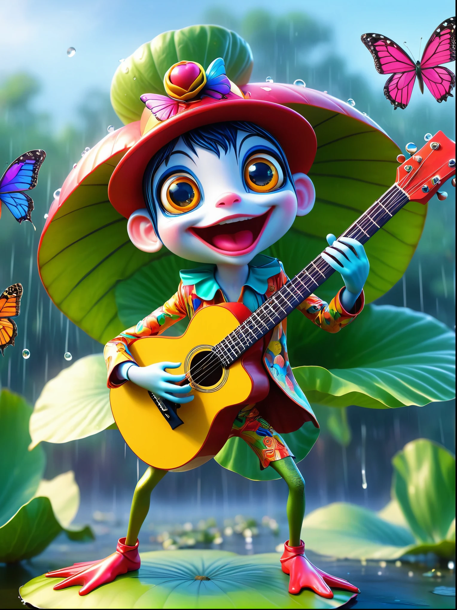 artwork,Frog on lotus leaf, Holding a guitar,concert,big eyes, shiny, Wearing chaotic and colorful clothes, Long legs,Interesting concept art,Colorful butterflies in the sky,blur background,Soft and beautiful picture,Rainy Day,dew, full-body shot, Cartoon Style, Created with C4D and Blender, precise, Blind box toy styles, Super Detail, Anatomically correct, masterpiece,Panorama,Wide Angle