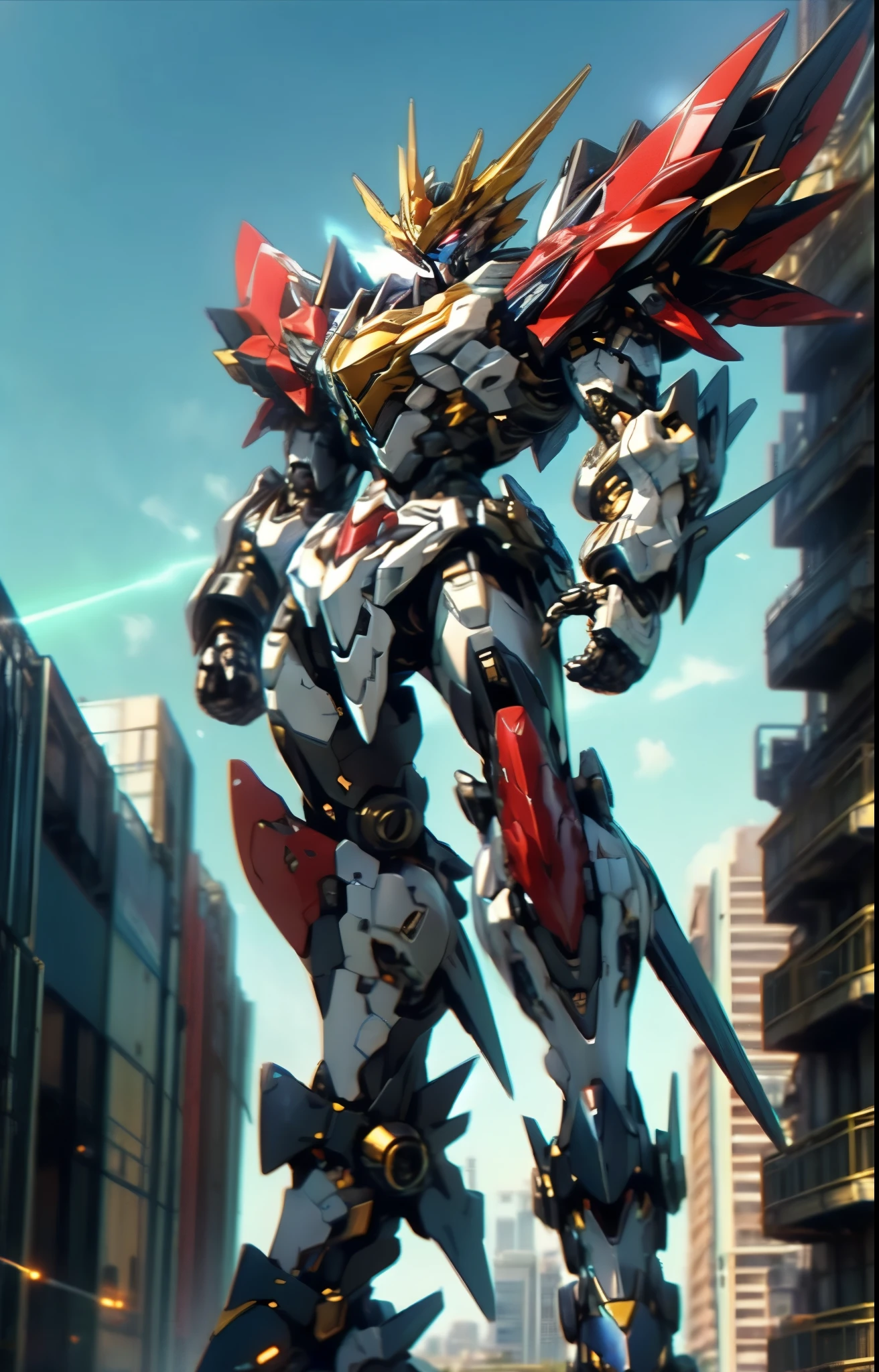 Humanoid Mecha, fully enclosed shoulder guards, matching arm and leg guards, full body, full armor, the design balances heavy with agility, (the color scheme is primarily white with red and blue accents, the concept Inspired by Super robot, organic biotech armor, standing, floating high above the futuristic sci-fi city), exquisite and mature art style, (aura effect, energy, glowing eyes, the armor glows), ((SRS)), metallic, dynamic, dramatic, high definition, best quality, highres, ultra-detailed, ultra-fine painting, extremely delicate, professional, perfect body proportions, anatomically correct, symmetrical face, extremely detailed eyes and face, high quality eyes, creativity, RAW photo, UHD, 32k, Natural light, cinematic lighting, masterpiece-anatomy-perfect, masterpiece:1.5