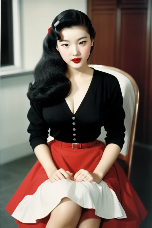 Seoul, 1952, A young korean beautiful girl, 22-year-old, sexy girl, strikingly beautiful, black hair, big breasts, delicate facial features, porcelain skin, expressive eyes, Generate a high-resolution image featuring a glamorous pin-up girl in a retro style. The girl should exude confidence and sensuality while posing in a vintage fashion reminiscent of the 1950s. Incorporate classic elements such as red lipstick, a polka-dot bikini, and wavy, voluminous hair. Surround the pin-up girl with subtle cues of the era, like a hot rod car in the background and a jukebox on the side. Ensure the lighting enhances the overall aesthetic, giving the image a warm, nostalgic feel. Capture the essence of classic pin-up art with a modern twist, combining allure and timeless elegance. (full body:1.1)