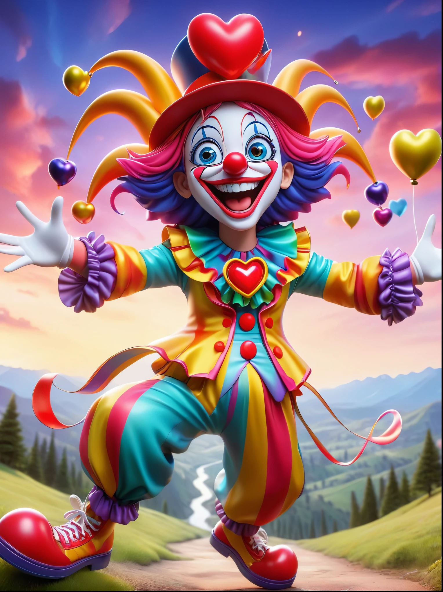 1girl,solo,clown, Grin, laugh out loud, big eyes, shiny, fit, Wearing chaotic and colorful clothes, Wearing a fancy hat with a heart symbol on it, Baggy pants, Oversized shoes, Express excitement vividly, Open your arms, The background is an otherworldly landscape, full-body shot, Cartoon Style, Created with C4D and Blender, precise, Blind box toy styles, Super Detail, Anatomically correct, masterpiece,Panorama,Wide Angle