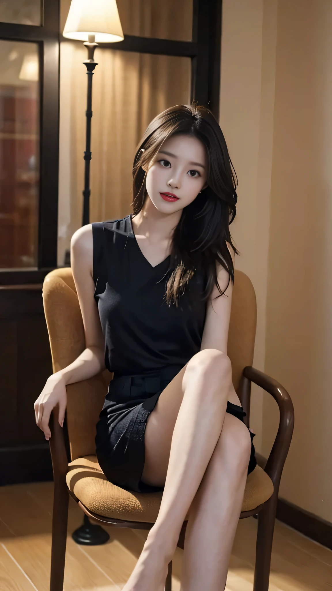 1girl ,Sitting on chair,cross one's legs,Soft light,Chinese beauty,A dark-haired,length hair, blurred background