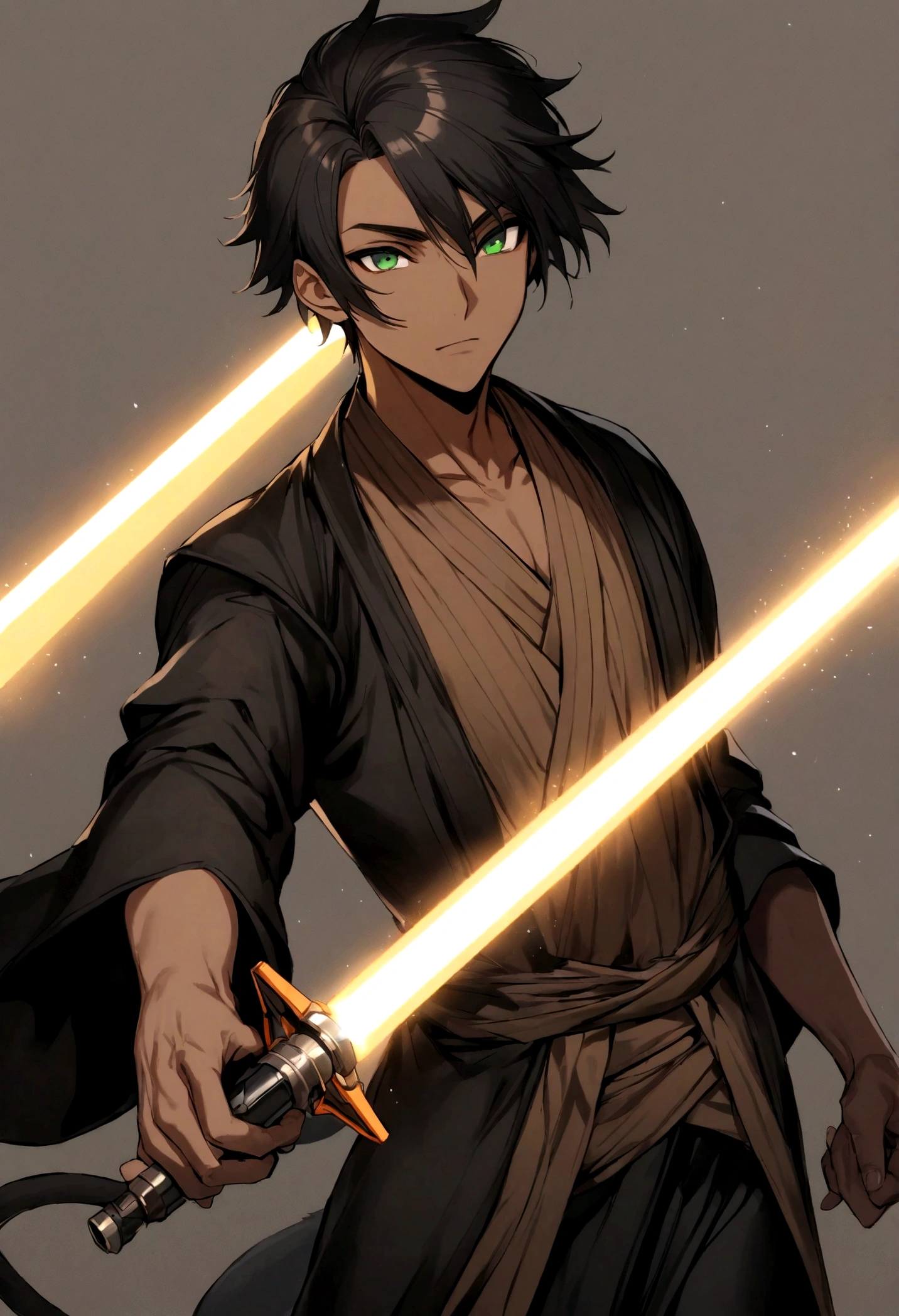 jedi boy, 1boy, black jedi robes, orange lightsaber blade, short hair, rat tail hair, brown skin, black hair, green eye color, 