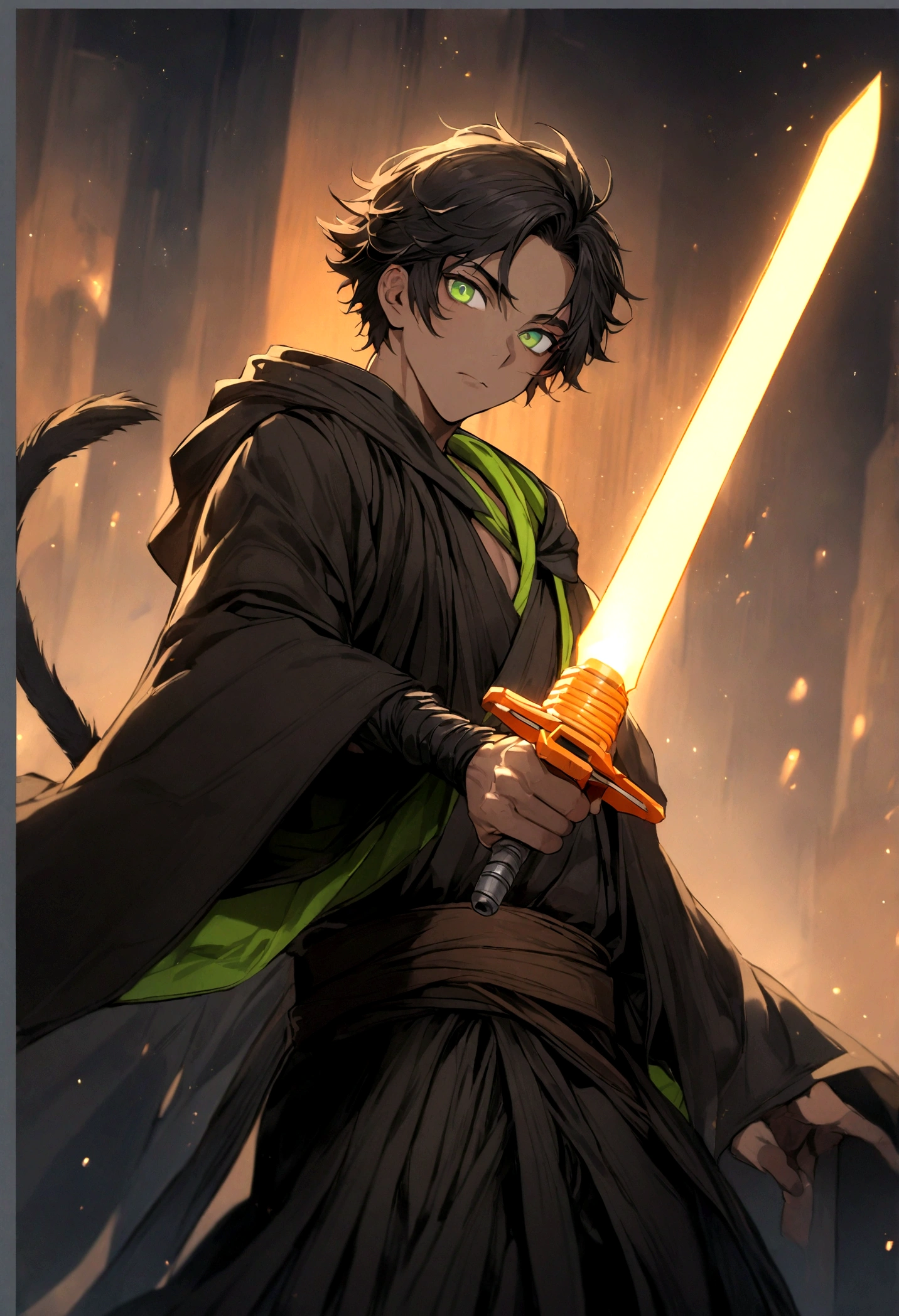 jedi boy, 1boy, black jedi robes, orange lightsaber blade, short hair, rat tail hair, brown skin, black hair, green eye color,