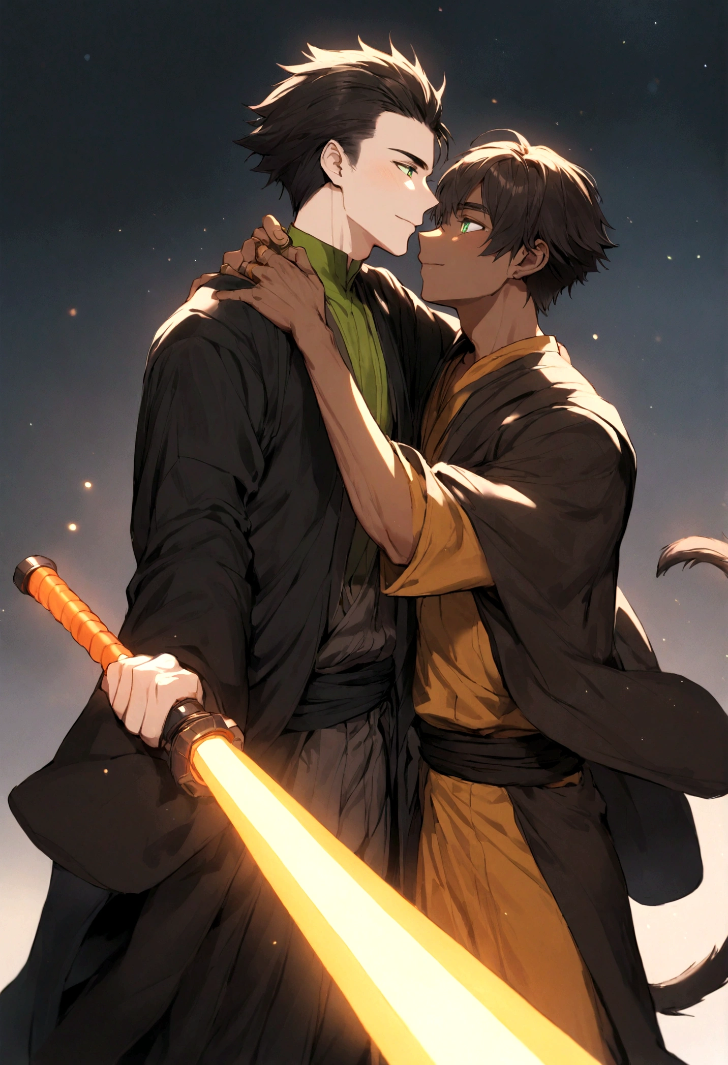 jedi boy, 1boy, black jedi robes, orange lightsaber blade, short hair, rat tail hair, brown skin, black hair, green eye color, 