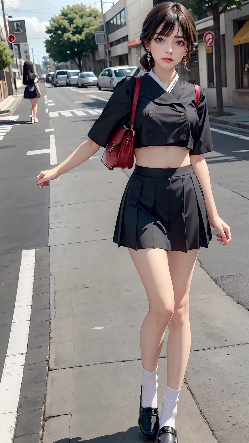 Japanese women、high school girl、White sailor suit summer uniform、Navy low rise pleated skirt、I can see my belly button、White socks、loafers、Carrying a school bag