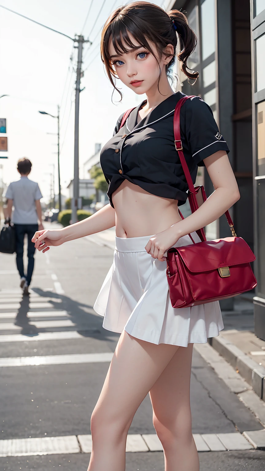 Japanese women、high school girl、White sailor suit summer uniform、Navy low rise pleated skirt、I can see my belly button、White socks、loafers、Carrying a school bag