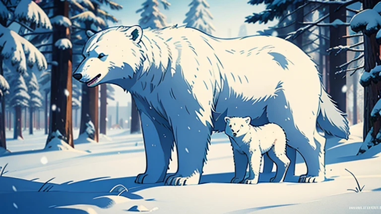 painting of a polar bear with two cubs in a winter scene, cute detailed digital art, charming digital painting, nice detailed work, cute digital art, beautiful art UHD 4K, winter time, Illustration 8 K, Cozy wallpaper, /style of Vladimir Suteev /, cold snowy, 4K wallpaper, 4K wallpaper, detailed painting 4k, in winter