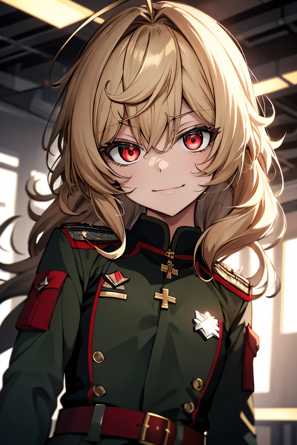 (masterpiece, best quality: 1.1), 1girl solo, tanya, 1girl, solo, , flat chest, small breasts, curvy, military, military uniform, ,, evil smile, wicked expression, anger, red eyes, neutral lighting