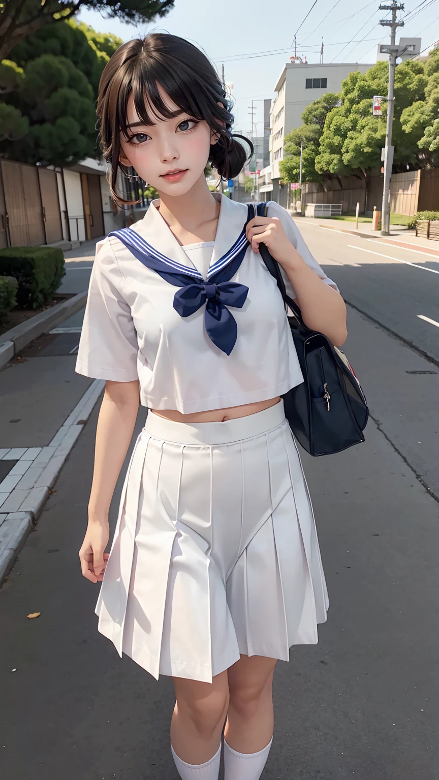 Japanese women、high school girl、White sailor suit summer uniform、Navy low rise pleated skirt、I can see my belly button、White socks、loafers、Carrying a school bag