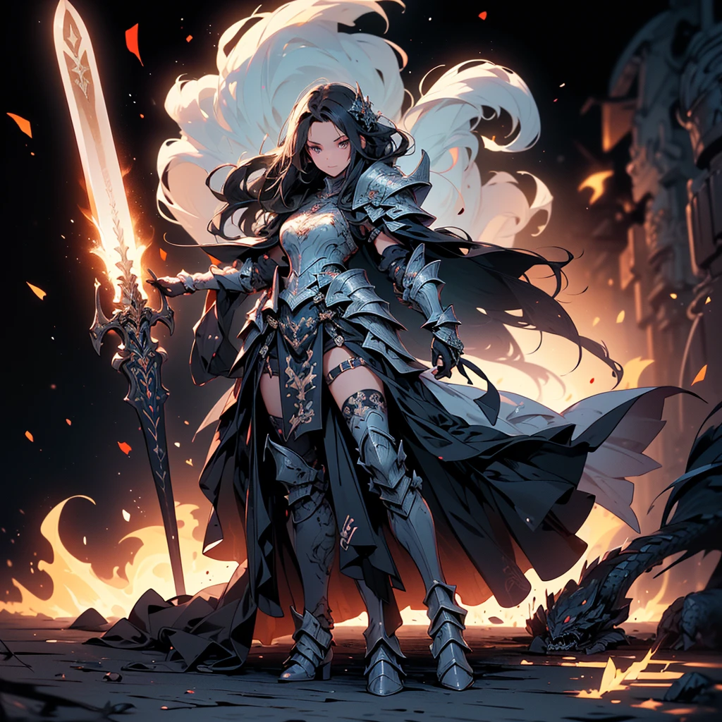 (((masterpiece, best quality, high detailed, 8k))) Design a layout showcase Gaming character, (1girl). ((intrecate Black dragon armor)), extremely detailed, stylish and unique. ((showcase weapon:1.4)), shield and sword, with a black fire aura. (masterpiece:1.2), (best quality), 4k, ultra-detailed. (Step by step design, layout art:1.5), (luminous lighting, atmospheric lighting). dragon warrior, ((glove full hands)), (((revealing clothes:1.3))), vambraces, armored legwear, (((full_body_shot:1.4))). {In a fiery battlefield}