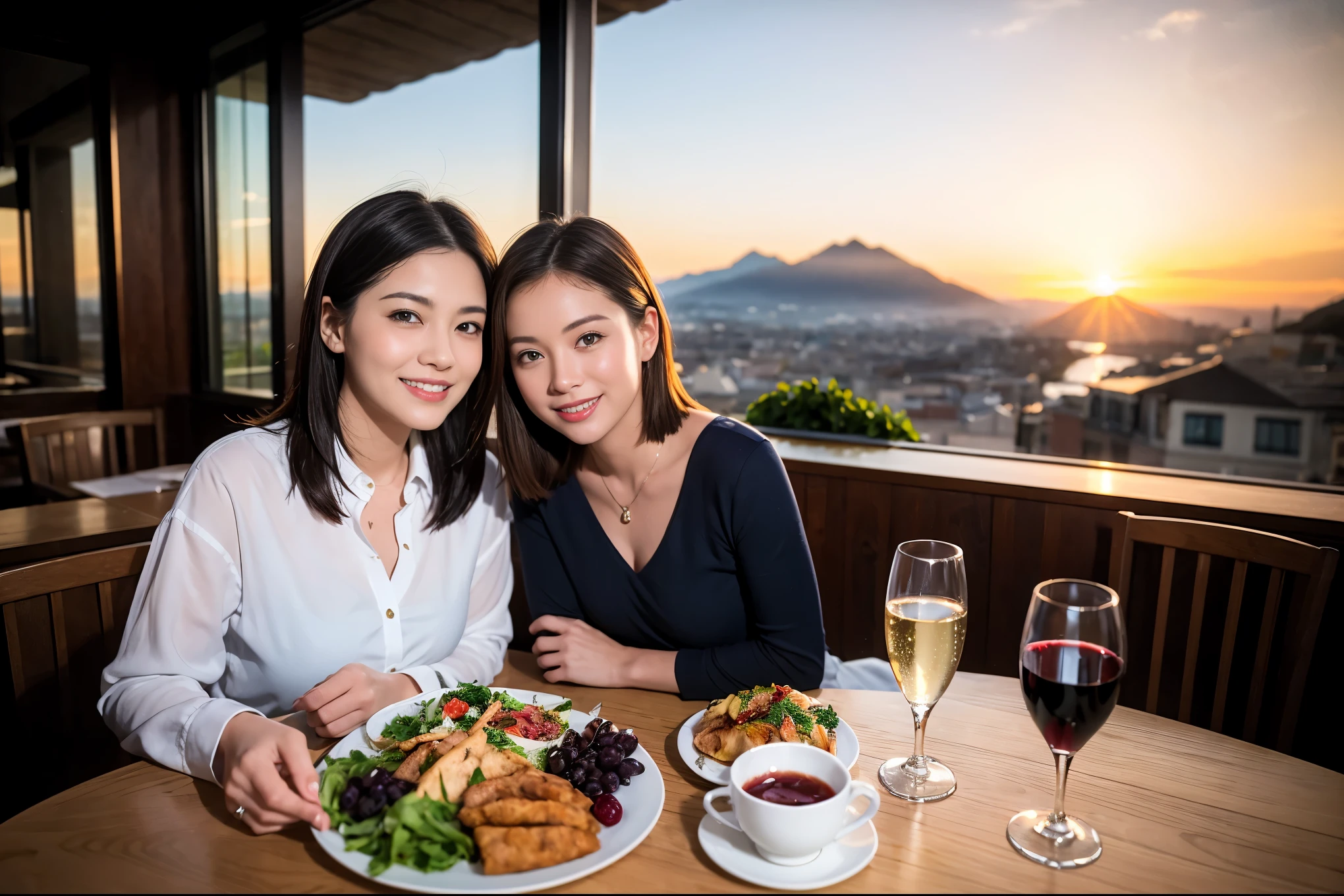 ((highest quality、8k、masterpiece:1.3))、1 male、1 female、Spouse、Beautiful couple、smile、 (Slim face), (the body is スリム), (Brown Hair), (Shortcuts), ((Bob Hale、Straight hair:1.2)), テーブルの上のwine glass、Please shine a light on my face、 Amazing view of the sunset sky and clouds、Amazing mountain views、smileの美しさ、Bright image、Blushing, Shortcuts,Bright Face、 (42 years old), 39 years old, red wine 、Appetizers、Italian food、Wine bottle、Champagne、sparkling wine、Long sleeve shirt、dress、Attractive beauty、restaurant, Nova Frog Style, actress, model, Upper Body, White wine, red wine, wine glass,