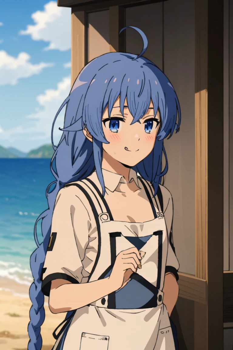 (masterpiece, best quality), music, 1 girl, solitary, Smile, blush, Double braid, long hair, Blue Hair, garlic,  blue eyes, ((apron)), ((nude)), 裸apron，Small Breasts, Upper Body, Everlasting,  looking at the audience, ocean滩, ocean,Stick out your tongue 