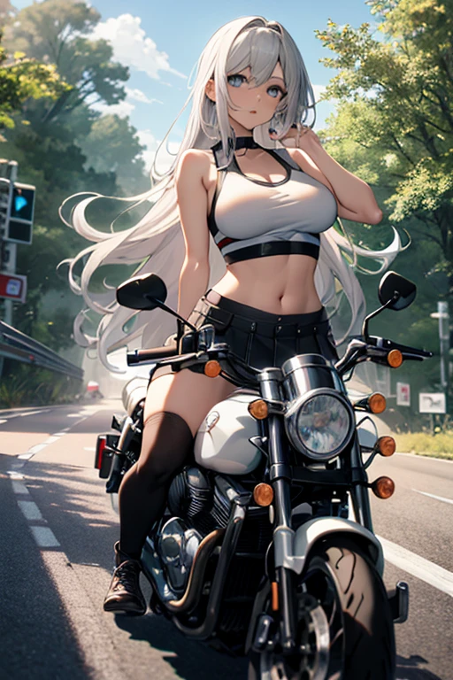 creates a 19-year-old anime girl riding a motorcycle with wide hips and big breasts wearing a black miniskirt and a white tank top with black stockings and with silver hair and blue eyes and a landscape of a highway with trees around it.