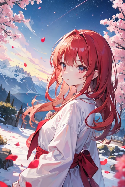 32k, highest quality, 超High resolution, High resolution, 超High resolution, Highly detailed CG, Unity 32K Wallpapers, (highest quality, masterpiece),(1 girl, Shrine maiden, coat, Performance, Light brown, Looking to the future ,Red hair, walk, Upper Body), (Night Sky, Huge old tree in the background, Shiny pink petals falling behind, The shrine behind, Mountain Background, The wind is blowing, meteor cloud), Small breasts