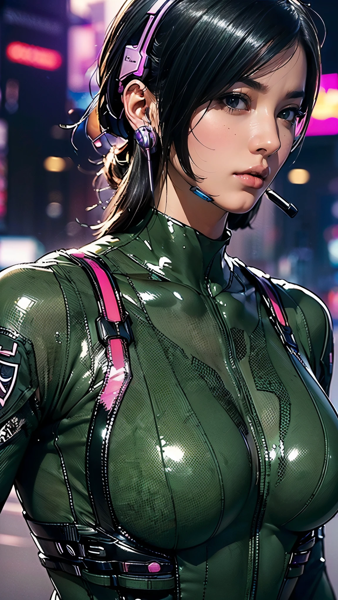 (((masterpiece:1.5),(highest quality:1.5),(Very detailed:1.5),(High resolution:1.5),(Realistic:1.5),(Realistic:1.5),(Delicate depiction),(Gentle colors))),8k,wallpaper,BREAK(One Woman),((Upper body close-up:1.5)),(front:1.5),Japanese,(Short Bob),(Black Hair),(Beautiful Hair:1.5),(Shiny Hair:1.3),(Detailed hair drawing:1.2),(Looking at me:1.5),BREAK(((Army green tactical bodysuit:1.5))),((Tactical Headset:1.5)),((Detailed drawing of the costume:1.5)),(Fine skin:1.5),(Shiny skin:1.3),(Beautiful Face:1.5),(Cute Face:1.5),(A serious face:1.5),BREAK(Big Breasts:1.2),(((Muscular:1.5))),((Sexy Looks:1.5)),((Cyberpunk atmosphere:1.5)),(The background is the city:1.5),(faint light:1.5),(((Blur the background:1.5)))