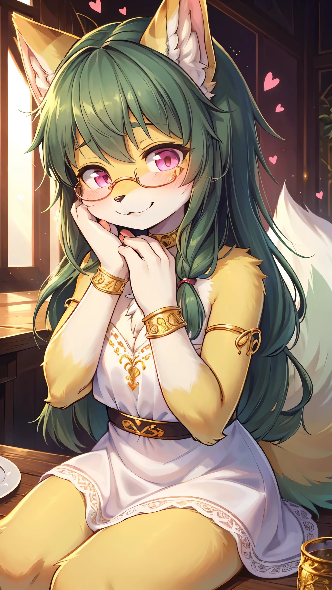 best quality,best resolution,(fluffy anthro furry :1.6),(young :1.6),cat girl,flat chest,(dark green hair :1.6),long hair,wavy hair,pink eyes,glistering eyes,sparkle eyes,ultra detailed eyes,(light yellow fur),(white dress with gold embroidery),heart choker,glasses,floral hair ornaments,gold bracelets,gorgeous restaurant,chanderia,sparkle stars surrounded,romantic light,full face blush,looking at viewer,heart expression eyes,heart eyes,shy face,smile,lean forward,hands on face,sitting