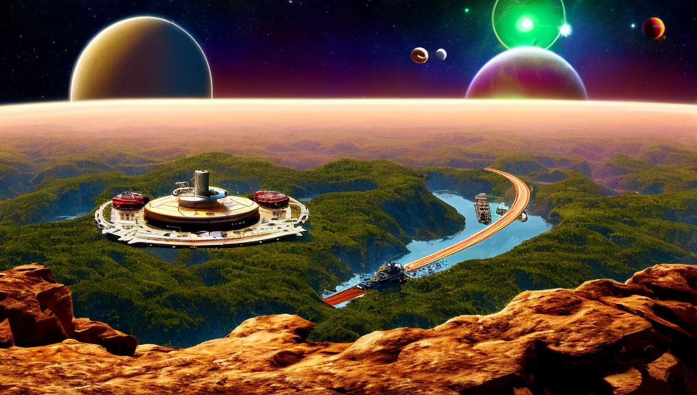 Medieval castle 750,750,000 sq miles hybrid planet, with metallic gold,luminescent forest green, & sky blue matte, melds into a Saturn-size-Earth hybrid, Larry Niven, Arthur C Clarke.The space station is massively bigger than Babylon 5, but in the shape of Deep Space 9. The space station has 6 O'Neal Class space stations off in 5 different equilateral directions, & 1 down the middle. It has its own ecosystem, generates its own power, & is located in a binary star system. There are hundreds of starships going to & fro, from the station, at any hour of the day. The station is in the center of the foreground. There are many stars, a nebula, and a comet, in the background. (((Use the following styles:conceptual art, protovision,3d render, architecture, portrait photography, cinematic, diamond crystal, alien, Leonardo Da Vinci, Arthur C. Clarke, &Larry Niven))). (((1 million HD Resolution, isometric art, insane symmetrical details))).