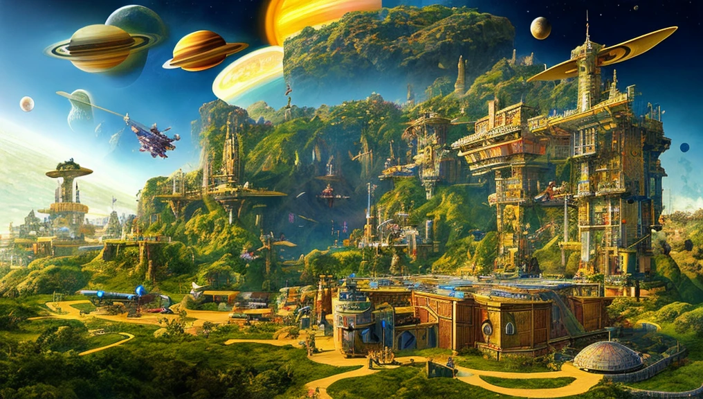Medieval castle 750,750,000 sq miles hybrid planet, with metallic gold,luminescent forest green, & sky blue matte, melds into a Saturn-size-Earth hybrid, Larry Niven, Arthur C Clarke.The space station is massively bigger than Babylon 5, but in the shape of Deep Space 9. The space station has 6 O'Neal Class space stations off in 5 different equilateral directions, & 1 down the middle. It has its own ecosystem, generates its own power, & is located in a binary star system. There are hundreds of starships going to & fro, from the station, at any hour of the day. The station is in the center of the foreground. There are many stars, a nebula, and a comet, in the background. (((Use the following styles:conceptual art, protovision,3d render, architecture, portrait photography, cinematic, diamond crystal, alien, Leonardo Da Vinci, Arthur C. Clarke, &Larry Niven))). (((1 million HD Resolution, isometric art, insane symmetrical details))).