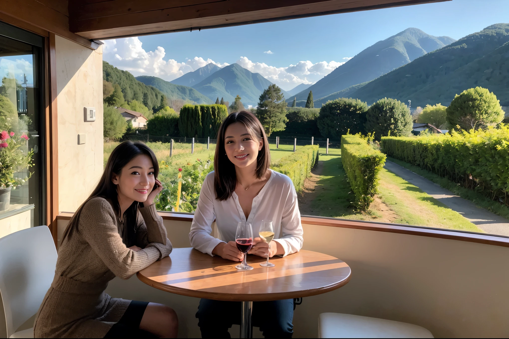 ((highest quality、8k、masterpiece:1.3))、1 male、1 female、Spouse、Beautiful couple、smile、 (Slim face), (the body is スリム), (Brown Hair), (Shortcuts), ((Bob Hale、Straight hair:1.2)), テーブルの上のwine glass、Please shine a light on my face、 Amazing view of the sunset sky and clouds、Amazing mountain views、smileの美しさ、Bright image、Blushing, Shortcuts,Bright Face、 (42 years old), 39 years old, red wine 、Appetizers、Italian food、Wine bottle、Champagne、sparkling wine、Long sleeve shirt、dress、Attractive beauty、restaurant, Nova Frog Style, actress, model, Upper Body, White wine, red wine, wine glass,