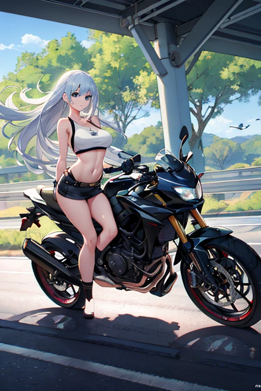 creates a 19-year-old anime girl riding a motorcycle with wide hips and big breasts wearing a black miniskirt and a white tank top with black stockings and with silver hair and blue eyes and a landscape of a highway with trees around it.
