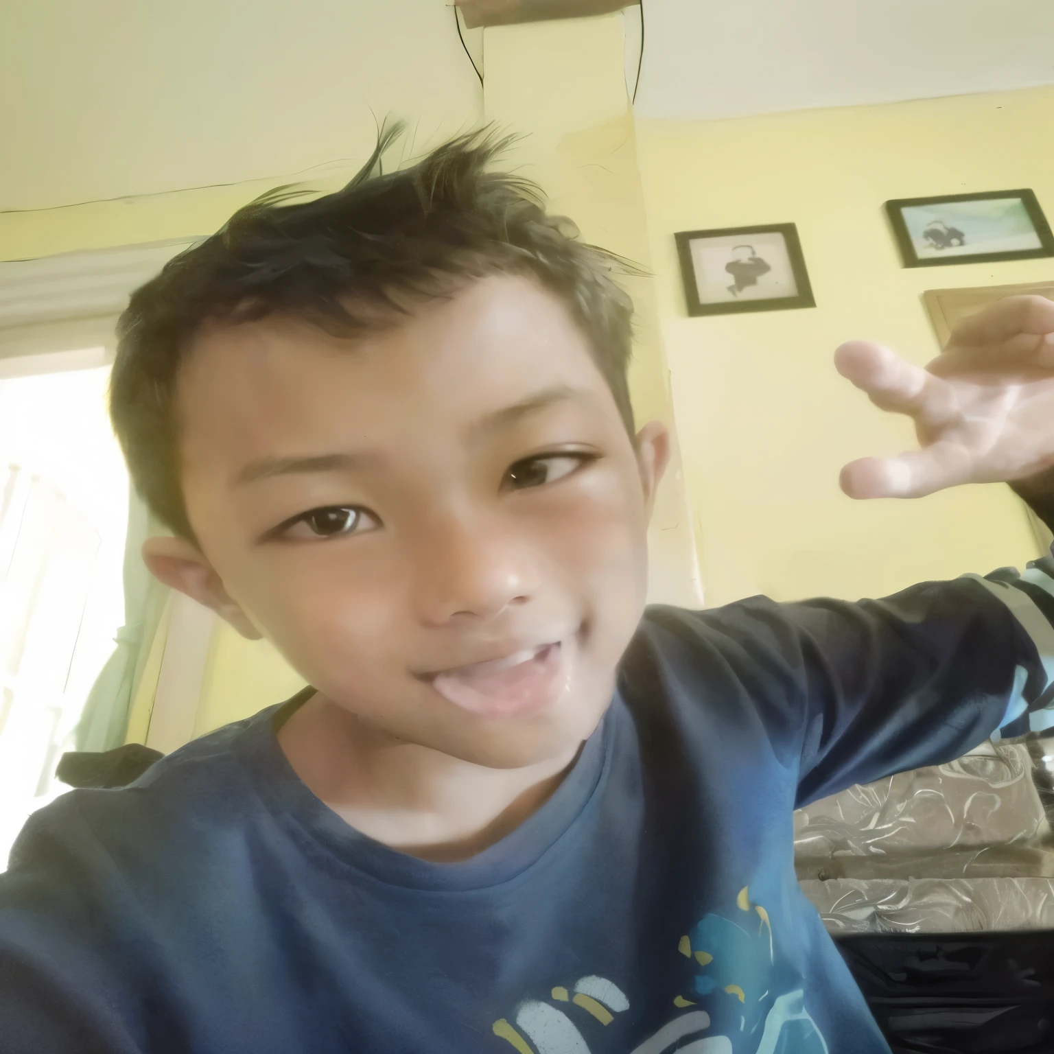 there is a young boy with a blue shirt making a funny face, inspired by Abidin Dino, ayan nag, panting, with kind face, selfie photo, with accurate face, ruan cute vtuber, potrait, ismail, friedly smile, by Abidin Dino, old picture, selfie, by :5 sexy: 7, ???