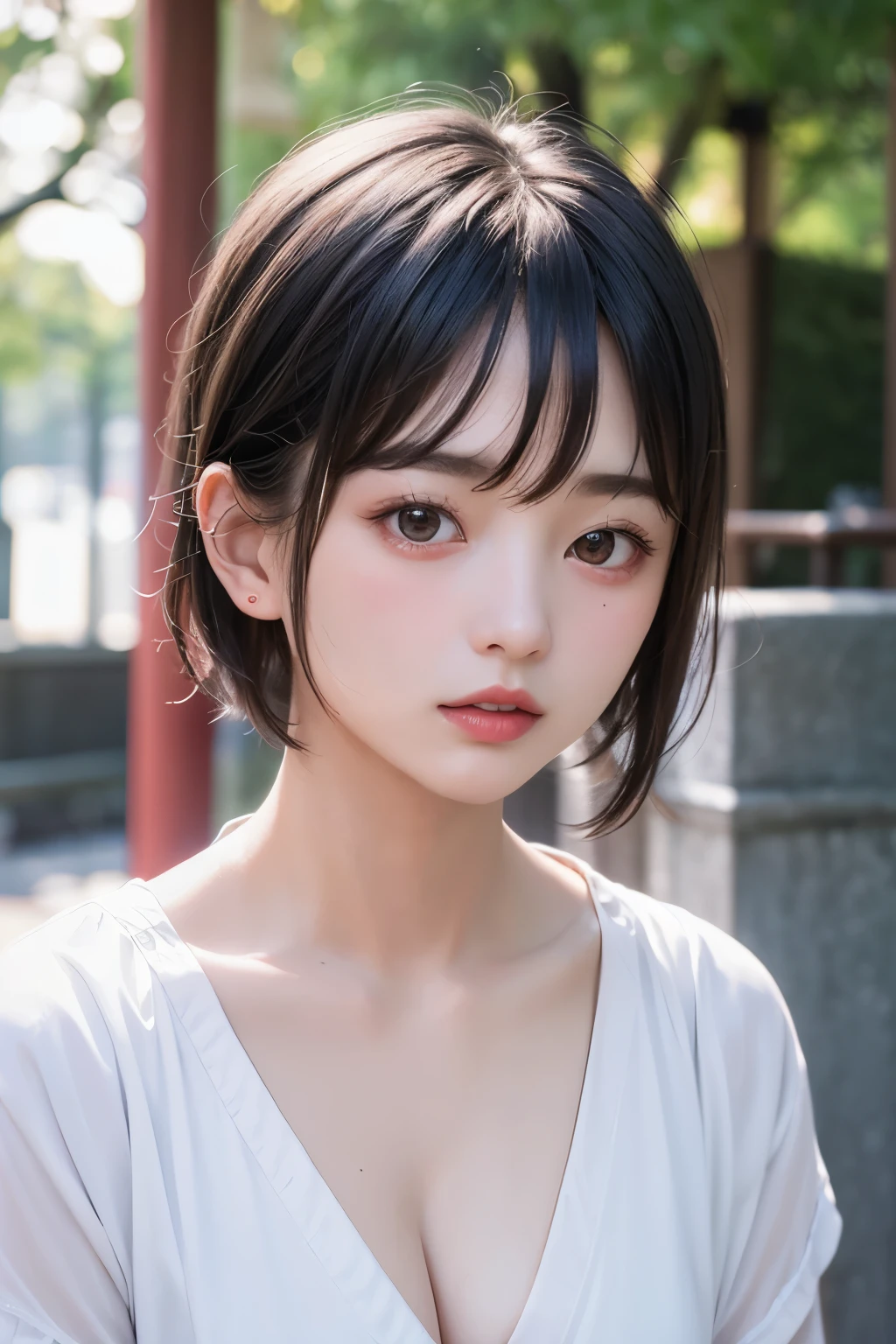 (1 nogizaka girl,raw photo,photo realistic:1.5),(best quality, high quality,HDR, highest quality,ultra high resolution,high resolution,high res,ultra high difinition,huge file size,8K,2K wallpaper,8K wallpaper,high quality texture,amazing,an extremely delicate:1.4),one girl, Japanese famous idol,beautiful face,small face,absurd,ridiculous,incredibly ridiculous,blurry background,(T-shirt,short hair,cleavage,no makeup:1.2),medium skin,beautiful skin,detailed skin,black hair,silky hair,(Japanese eyes:1.3),detailed eyes,black eyes,Japanese idol eyes,triangle eyes,Japanese nose,5-fingers,(Light Particles, Lens Flare, Luminous Particles: 0.7),looking at viewer,bright lighting,professional lighting,girl