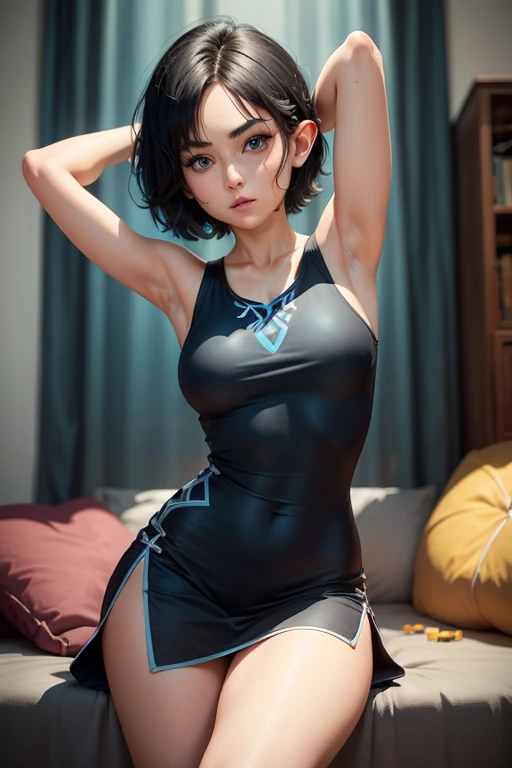 Zelda, short hair, Black hair, armpit, shorts dress, blue eyes, Big legs, jugando playstation