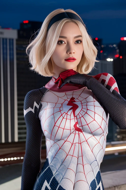 (Highly quality, masterpiece, detailed), city detailed scenario, city detailed background, solo, gwen, spider gwen, blonde hair, multi colored hair, short hair, hairband, 1woman, crop top, spider symbol on the center, gloves, navel, on top of a building, perfect face, beautiful eyes, look at the viewer, Sexy pose
