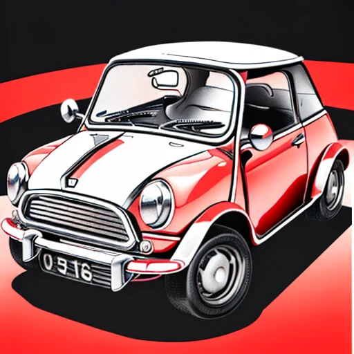 Car dealer,(Morris Mini Cooper1275S Mk. 1、red) logo, vector, line art, design, inspired, straight, symmetry