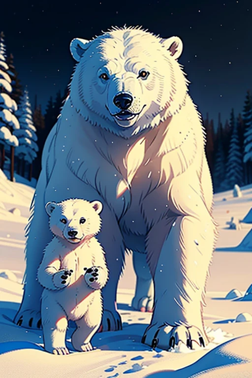 painting of a polar bear with two cubs in a winter scene, cute detailed digital art /Boris Dekhterev/  Illustration 8 K, detailed painting