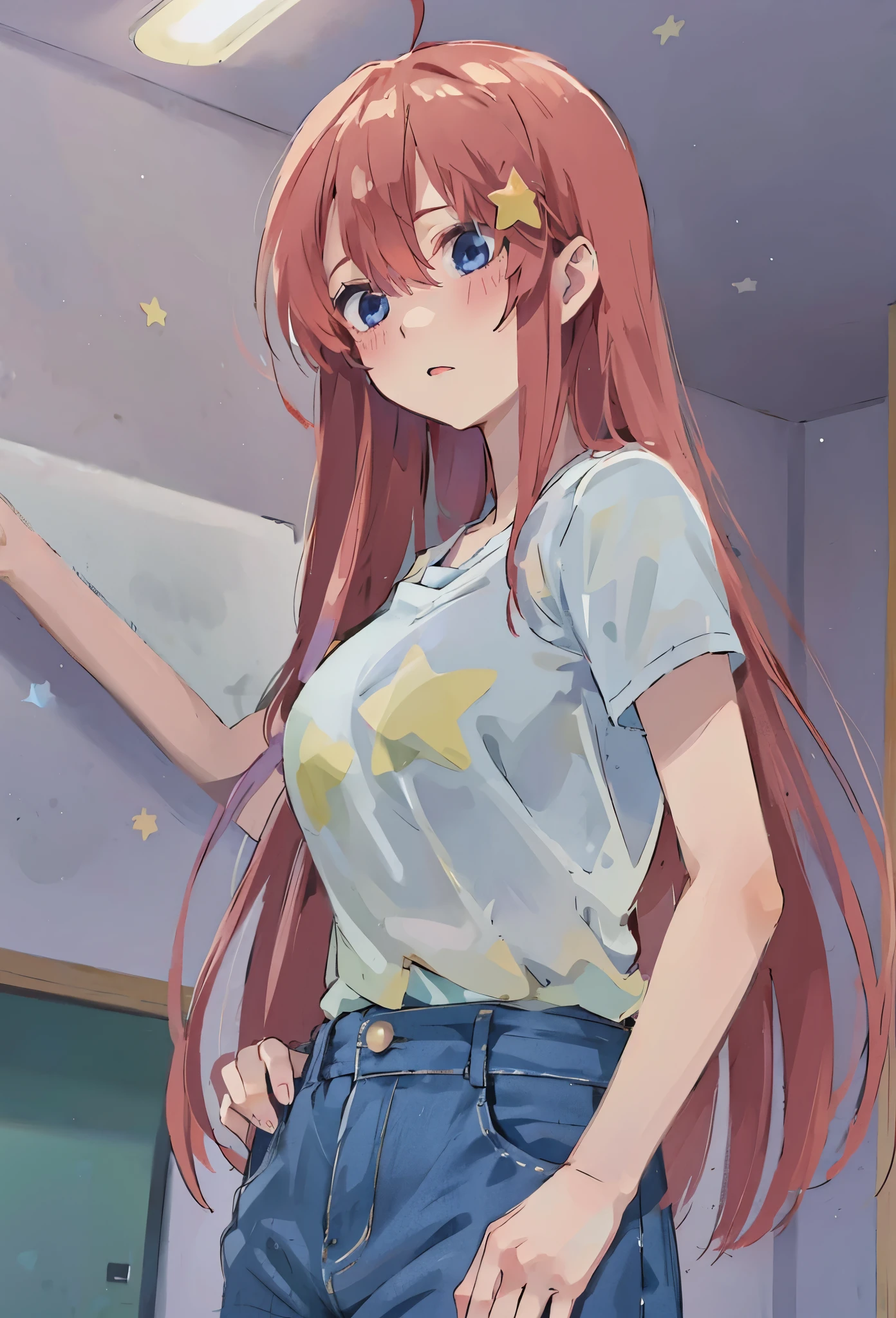itsuki Nakano, skinny, slim, looking down, Official art、Beautifully Aesthetic:1.2)、patterns、Hair spreads throughout、4k, excellent quality, Ultra Detail, study room, perfect hands, perfect anatomy,  --niji 5. Nakano itsuki from the quintessential quintuplets, itsuki Nakano, long fluffy red hair, blue eyes, nakano_itsuki, star hairclips, splendid, iridescent, dynamic pose, excellent character design, , perfect face, neat, clean, perfect definition aaitsuki, long fluffy hair,bangs,hair between eyes, (Casual Outfit), ()shorts, jeans, casual cute top, calm simple face,looking away
