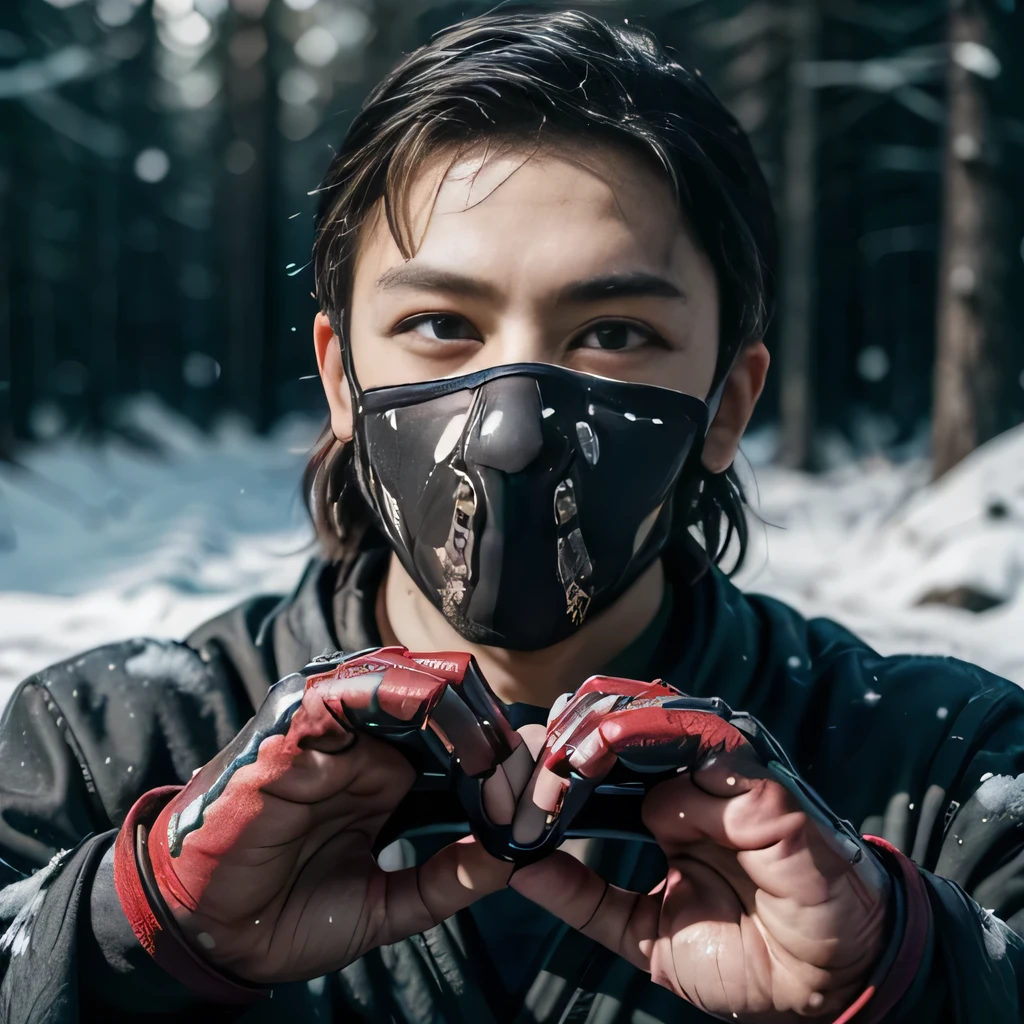 raw photo , 8K, ultra detailed, (realistic:1.2), (1man, ninja, mask:1.6), 30yo,(heart hands:1.4),(snow:1.1)