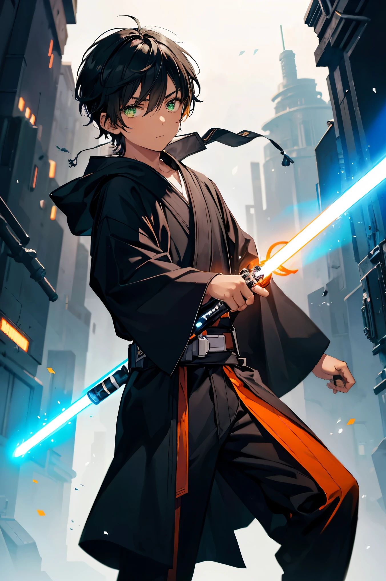 jedi boy, 1boy, black jedi robes, orange lightsaber blade, short hair, rat tail hair, brown skin, black hair, green eye color,