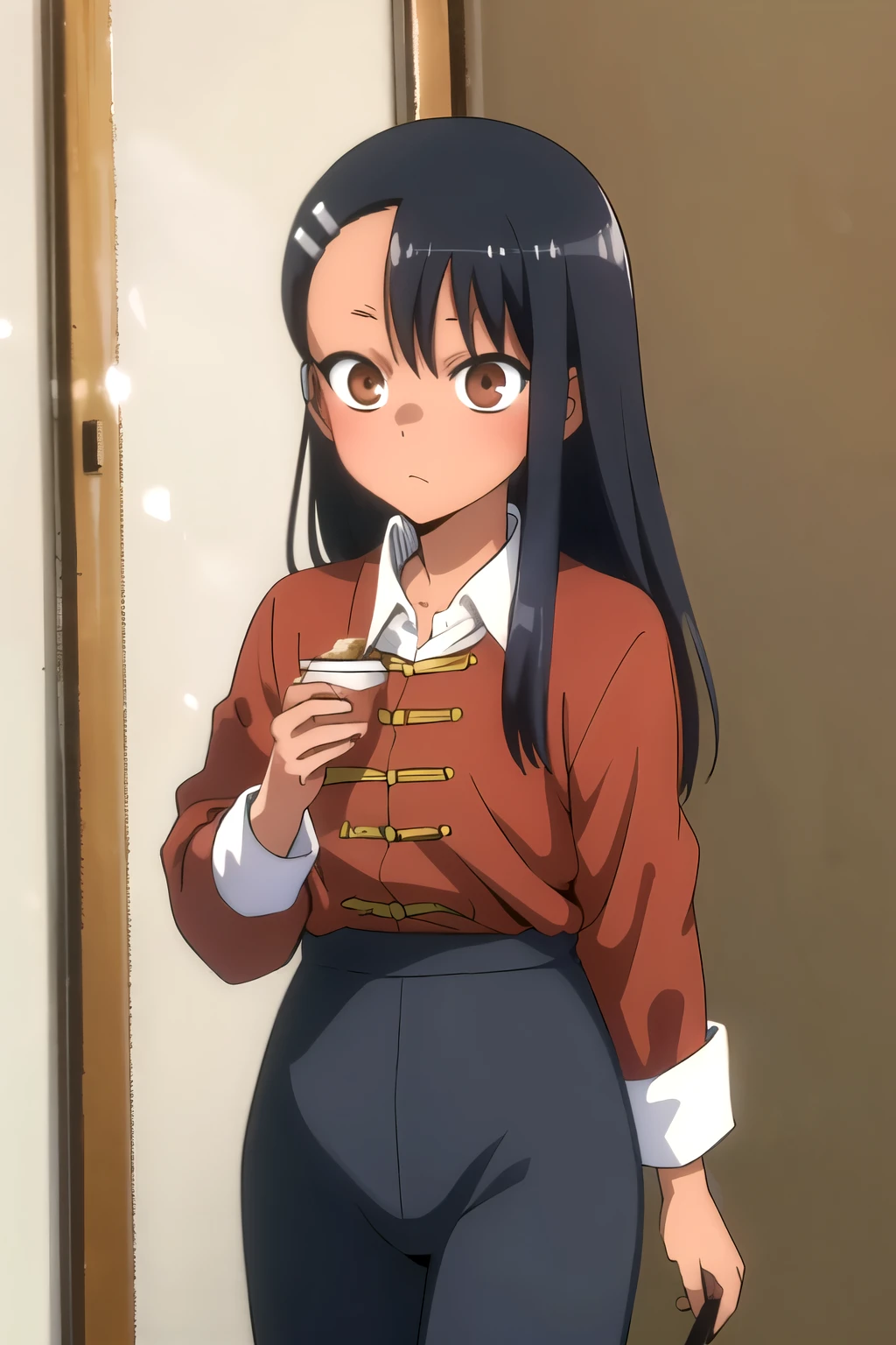 masterpiece, professional artwork, famous artwork, perfect face,nagatoro hayase, brown eyes, hairclip, black hair, cowboy shot, black hair, beautiful face, intense look, Red chinese clothes, tangzhuang, black pants