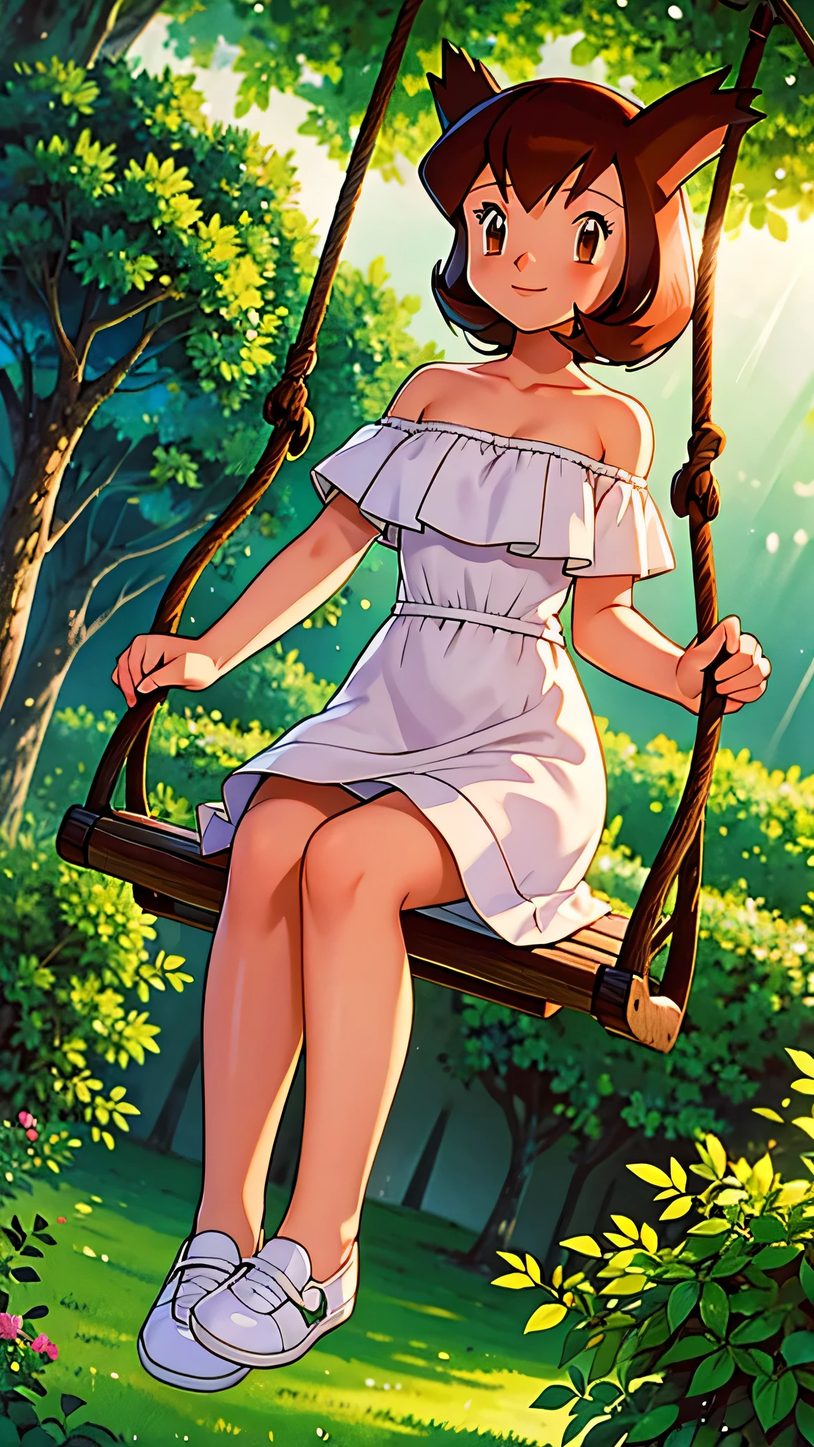 masterpiece, best quality, ultra-detailed, illustration, beautiful detailed eyes, very detailed illustration, cinematic lighting, 1 girl, solo, Pokemon Heroes (Bianca), Brown Hair, brown eyes, 1 girl, solo, bare shoulders, strapless, off shoulders, ruffle off the shoulder top, white maxi dress, intricate details, sharp focus, high resolution, evening light, purple sundown, garden and forest, swinging on her swing cowboy shot, white shoes, full body, light smile