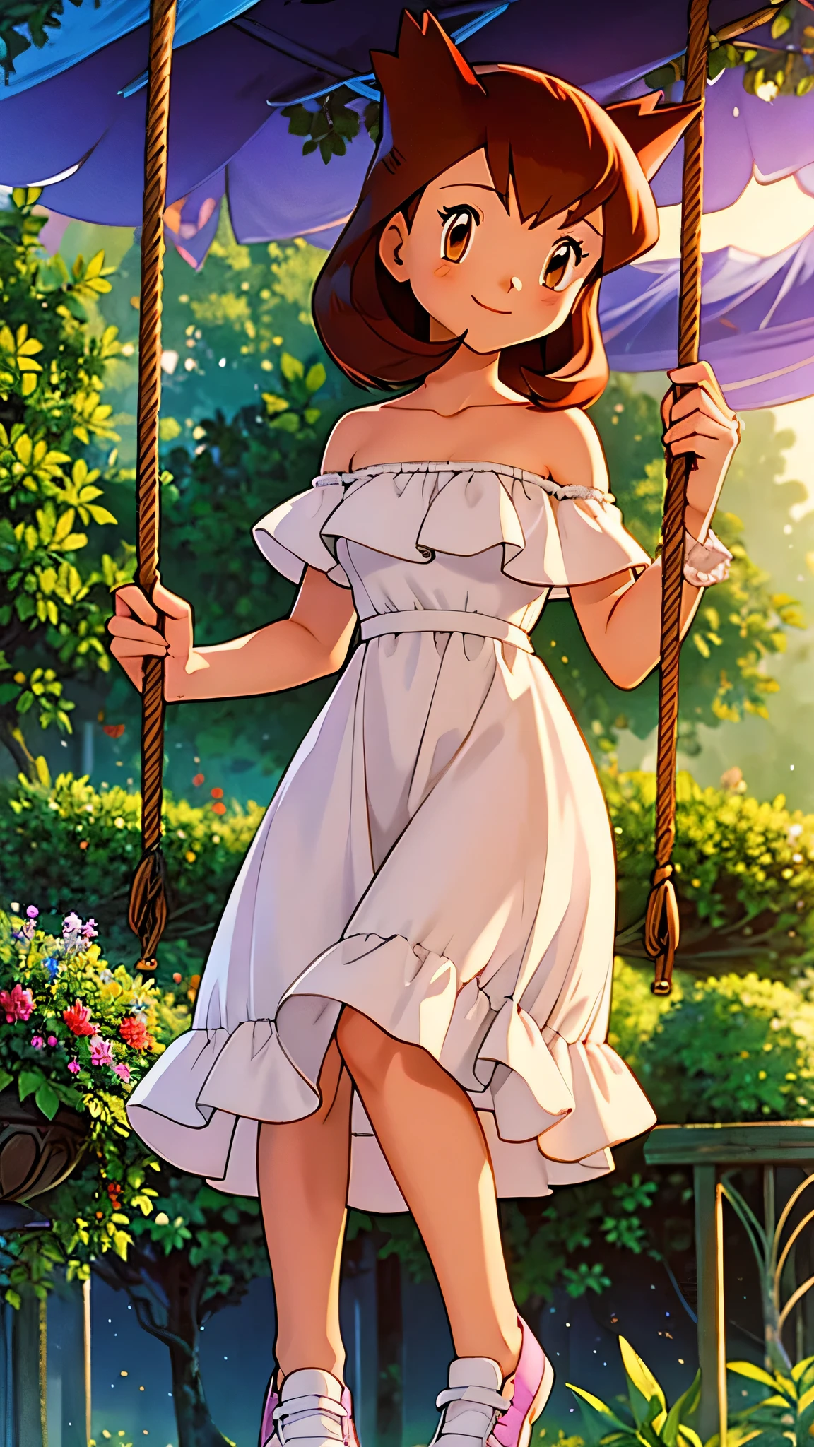 masterpiece, best quality, ultra-detailed, illustration, beautiful detailed eyes, very detailed illustration, cinematic lighting, 1 girl, solo, Pokemon Heroes (Bianca), Brown Hair, brown eyes, 1 girl, solo, bare shoulders, strapless, off shoulders, ruffle off the shoulder top, white maxi dress, intricate details, sharp focus, high resolution, evening light, purple sundown, garden and forest, swinging on her swing cowboy shot, white shoes, full body, light smile