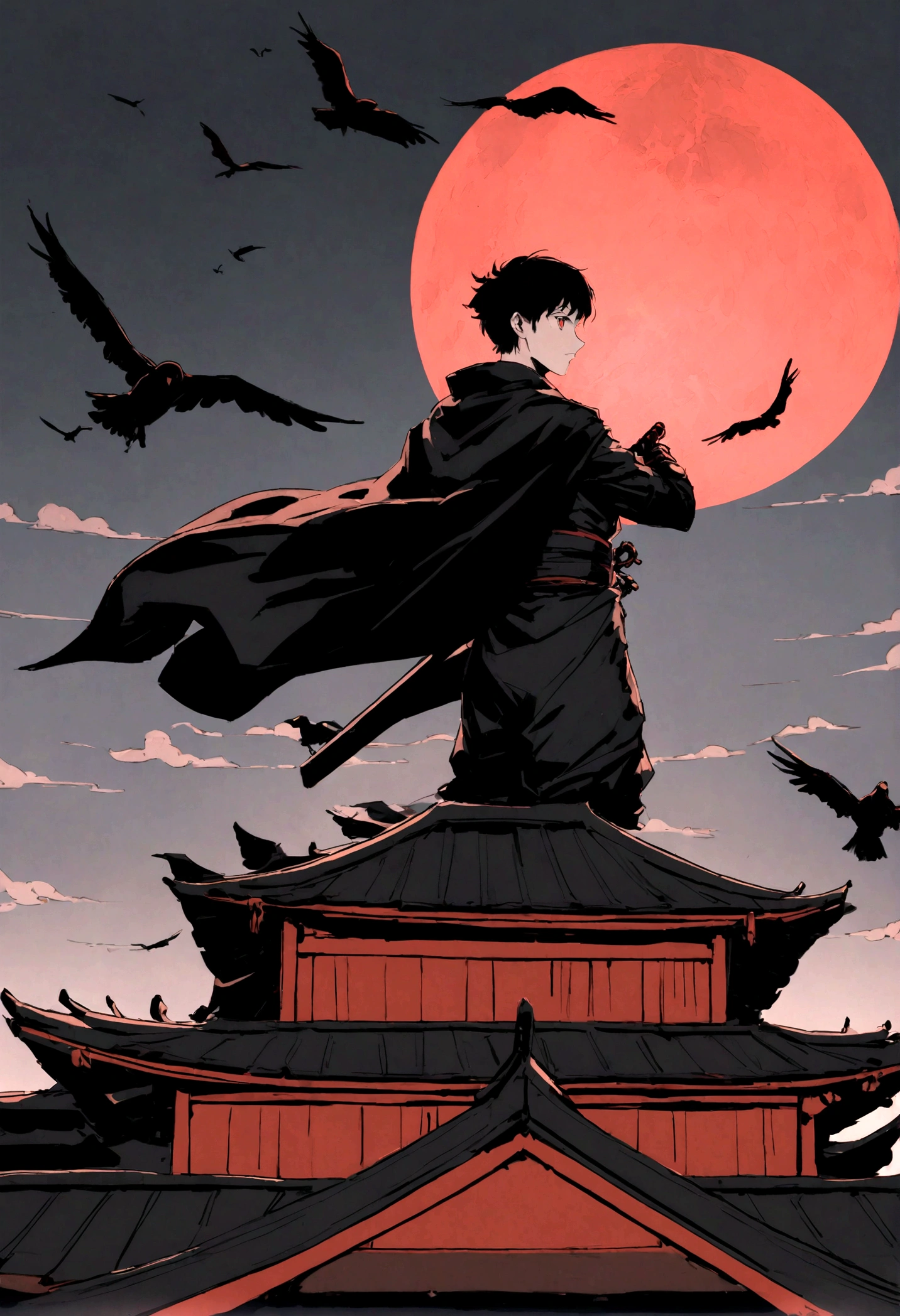 A young man wearing a black ninja outfit, short black hair, red eyes, a black cloak, holding a long black sword, stood on the back of a Japanese-style house. Black crows fly around Beside it is a red moon.