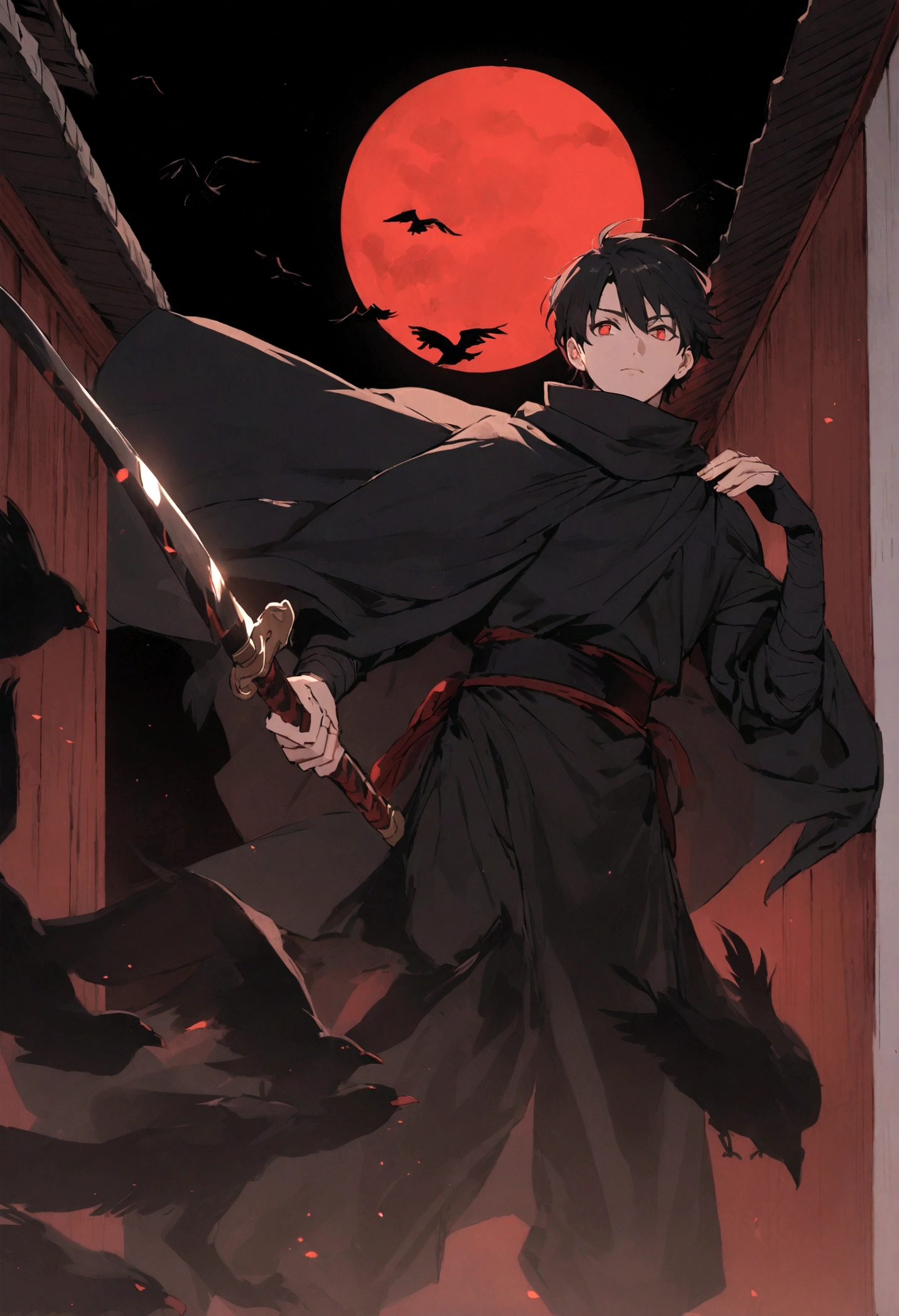 A young man wearing a black ninja outfit, short black hair, red eyes, a black cloak, holding a long black sword, stood on the back of a Japanese-style house. Black crows fly around Beside it is a red moon.