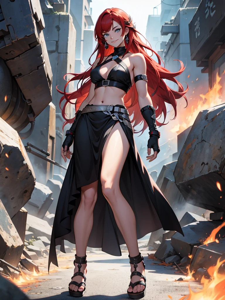 1 girl, adult, red hair, long red hair, straight red hair, blue eyes, side bangs, silver armlet, blue tribal skirt, blue and silver-lining halter top, silver sandals, smiling, three-quarter pose, fingerless brown gloves, determined look, full body character, full body shot, hyperdetailed, full body render, 8k resolution, high res, sharp, masterpiece