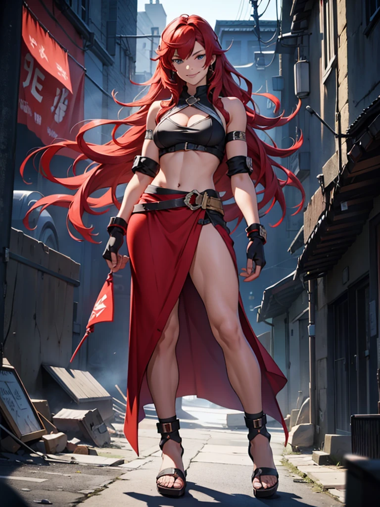 1 girl, young adult, red hair, long red hair, straight red hair, blue eyes, side bangs, silver armlet, blue tribal skirt, blue and silver-lining halter top, silver sandals, smiling, three-quarter pose, fingerless brown gloves, determined look, full body character, full body shot, hyperdetailed, full body render, 8k resolution, high res, sharp, masterpiece