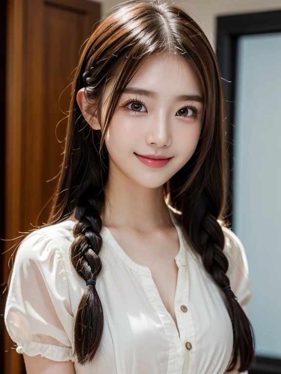 masterpiece, highest quality, 8k, People who are bad at organizing, (whole body:1.4), beautiful girl, Pretty face, Looking at the audience, smile, Ultra-realistic, High resolution, beautiful photo, Sharp focus, High resolution, Face Light, Dynamic Lighting, Cinema Lighting, Professional Shadow, Best details, Very detailed, Very detailed, Fine details, Real Skin, Delicate features, Detailed face and eyes, Sharp pupils、 (((Braiding))) 後ろ向き 自然なsmile Smiling with teeth showing. turn around. Body lines are clearly visible. (((Dress like AKB))) classroom